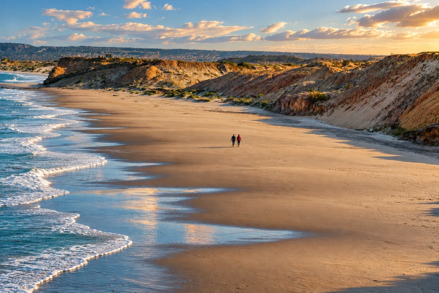 Praia no Peru ao pôr do sol, com duas pessoas caminhando na areia. Foto de Giovani Proença Bueno.